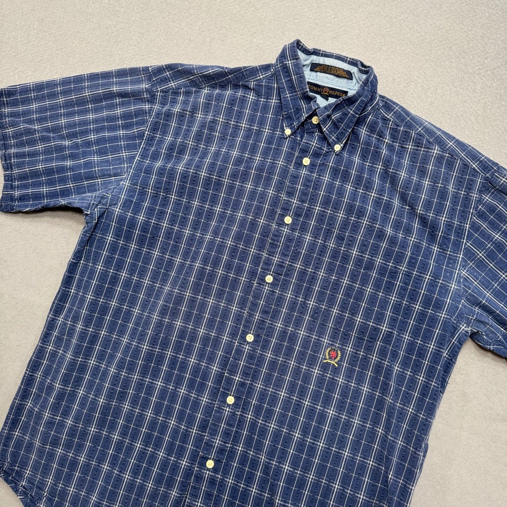 Tommy Hilfiger Shirt Mens L Blue Plaid Short Sleeve Button Down Crest Logo 90s